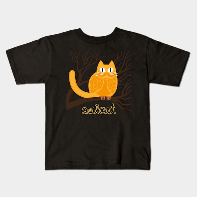 OWL CAT FUNNY Kids T-Shirt by Lin Watchorn 